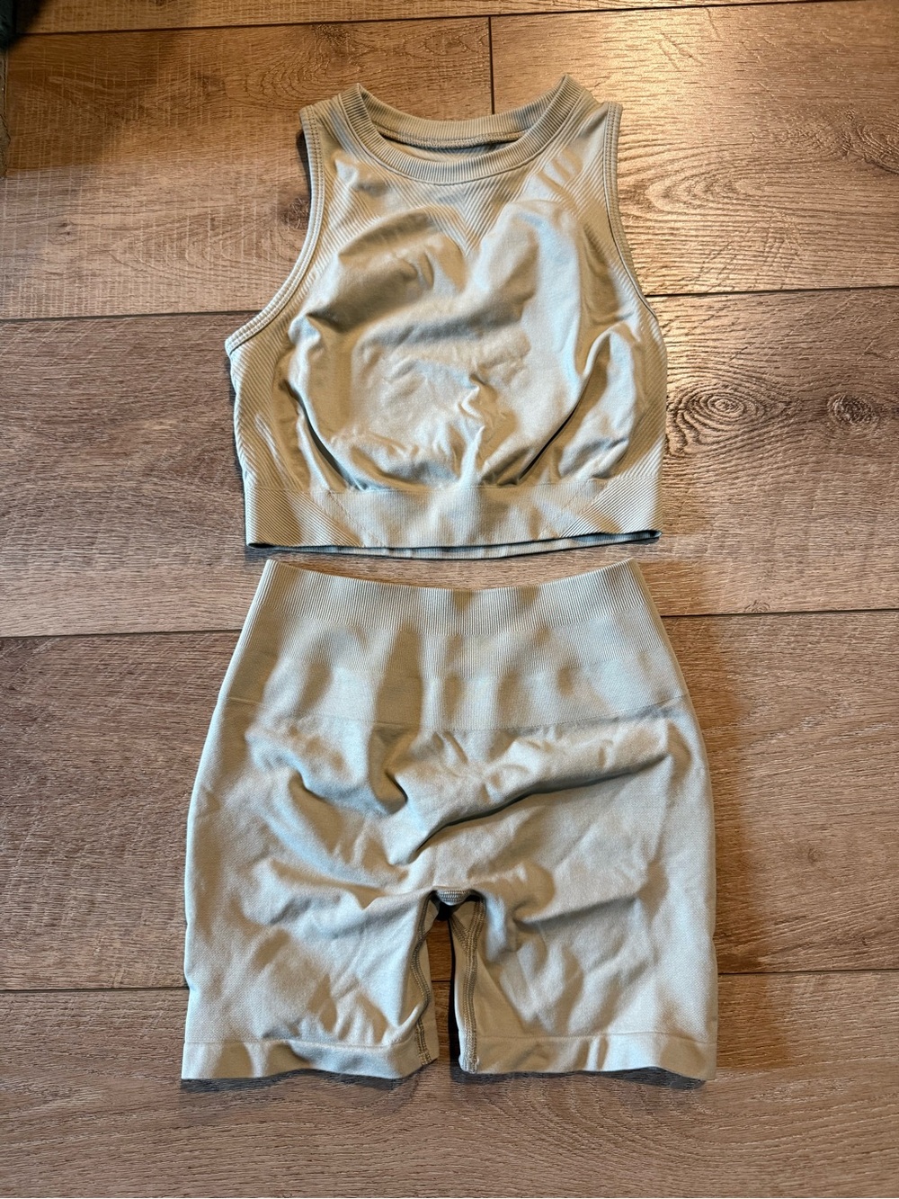 NWOT Alphalete Beige Light Tan Workout Set - Crop Tank & High-Waist Shorts